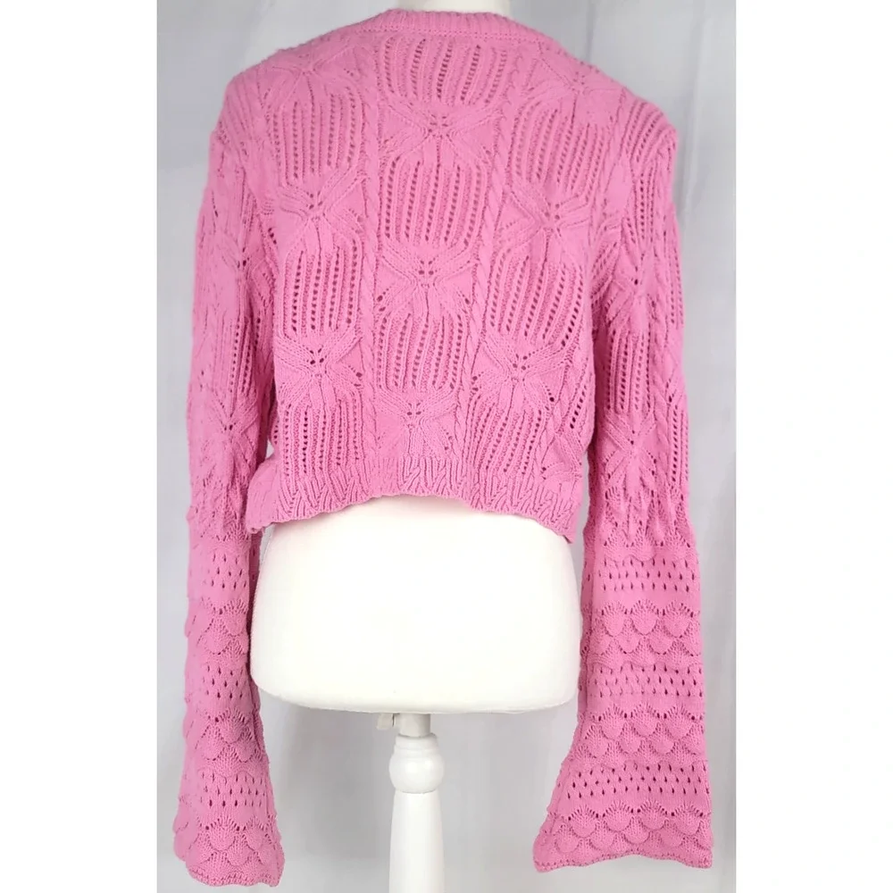 Entro Pink Crochet Bell Sleeve Cardigan Tie Front Boho L NWT